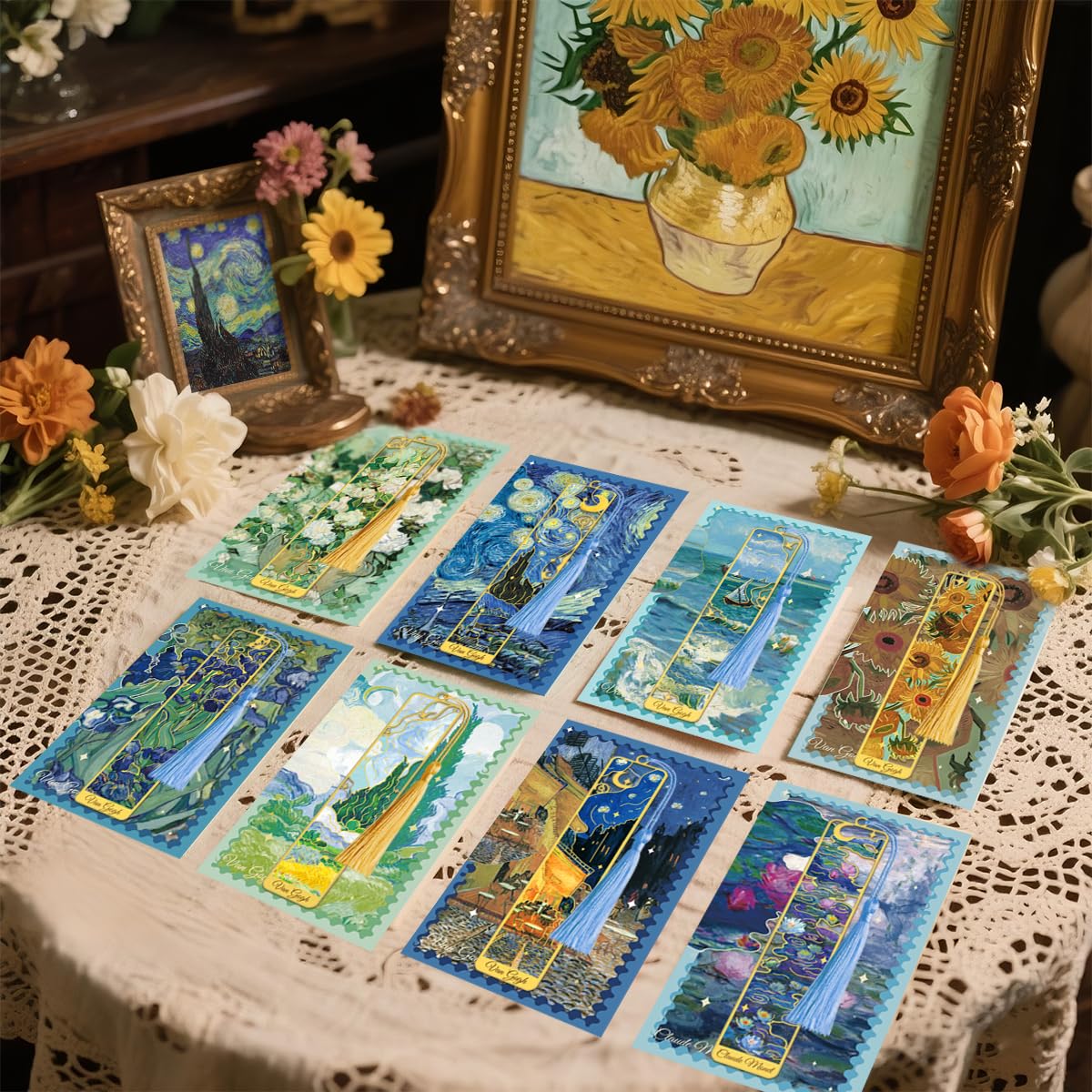 KInsound 8pcs Metal Bookmarks with Tassel, Golden Van Gogh Monet Oil Painting Theme Cute Book Markers for Reading Women, Men, Kids, Book Lovers, Reading Accessories Gifts for Book Lovers