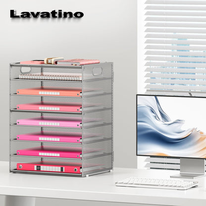 Lavatino 2 Pack 8-Tier Office Desk File Organizer, Letter Tray Paper Organizer with Handle, Including 5 Adjustable Slide Trays for Organizing Desk Workspace Accessories and Supplies (Silver Mesh)