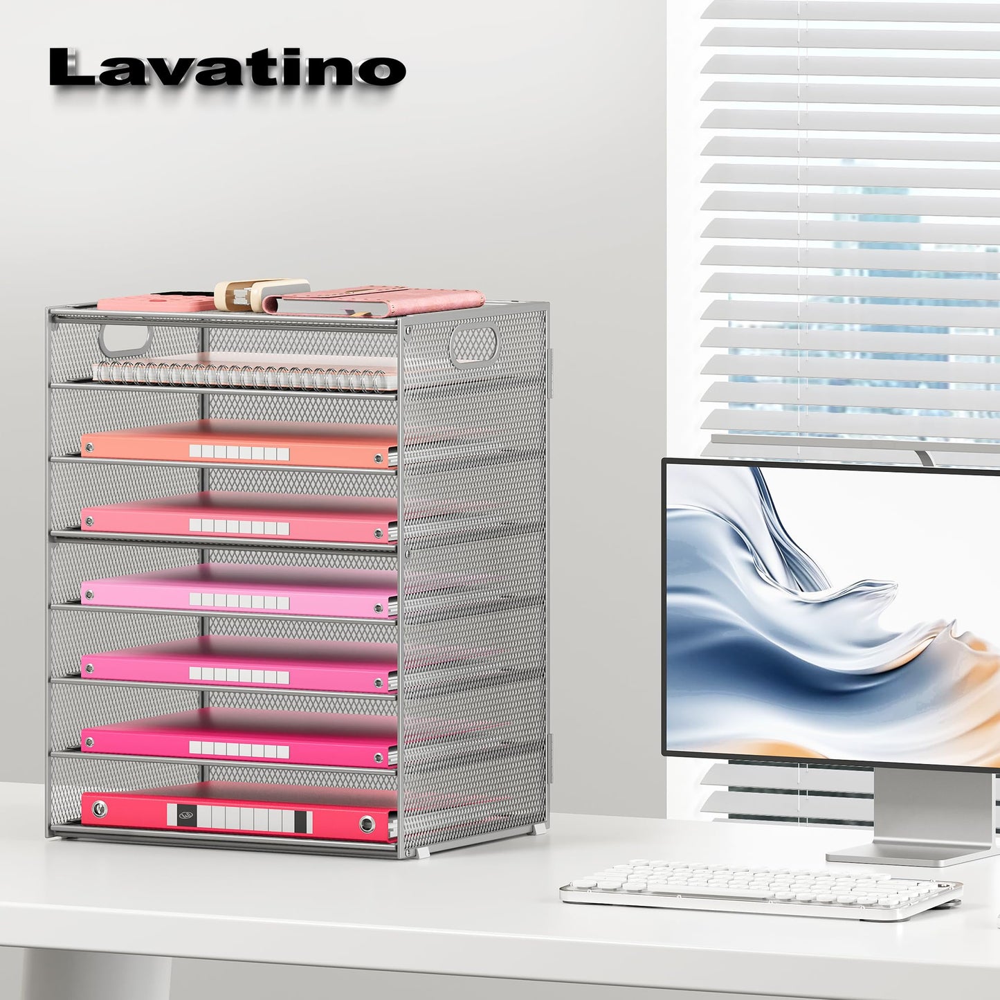 Lavatino 8-Tier Office Desk File Organizer, Letter Tray Paper Organizer with Handle, Including 5 Adjustable Slide Trays for Organizing Desktop Workspace Accessories and Supplies (Silver Metal Mesh)