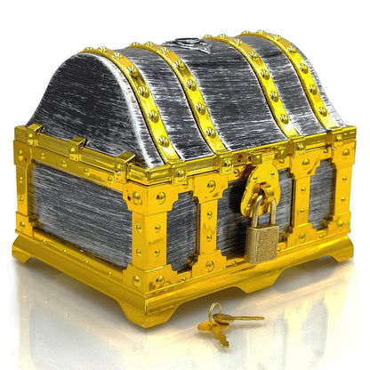 Dronside Kids Golden Frame Pirate Treasure Chest with Lock and Key, Treasures Collection Storage and Decorative Box for Kids Birthday Pirate Party Favors