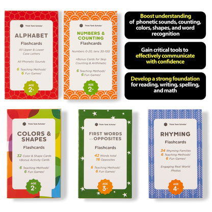 Award-Winning Flash Cards for Preschool & Kindergarten – 5-Deck Set, 180 Jumbo Cards – Learn Alphabet, Numbers, Colors, Shapes, First Words, Opposites & Rhyming – for Kids Ages 2–5