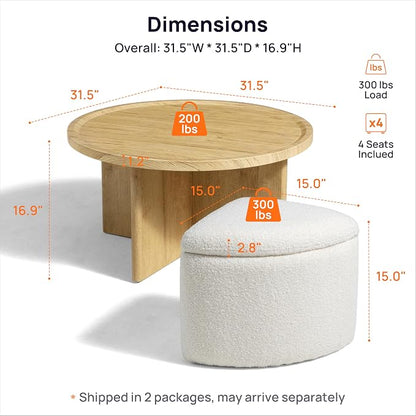 Round Coffee Table with Stools Underneath, Wood Ottoman Coffee Tables with 4 Boucle Storage Ottomans & Seats, Mid-Century Modern Coffee Table with Chairs for Living Room, Small Space, Natural&White