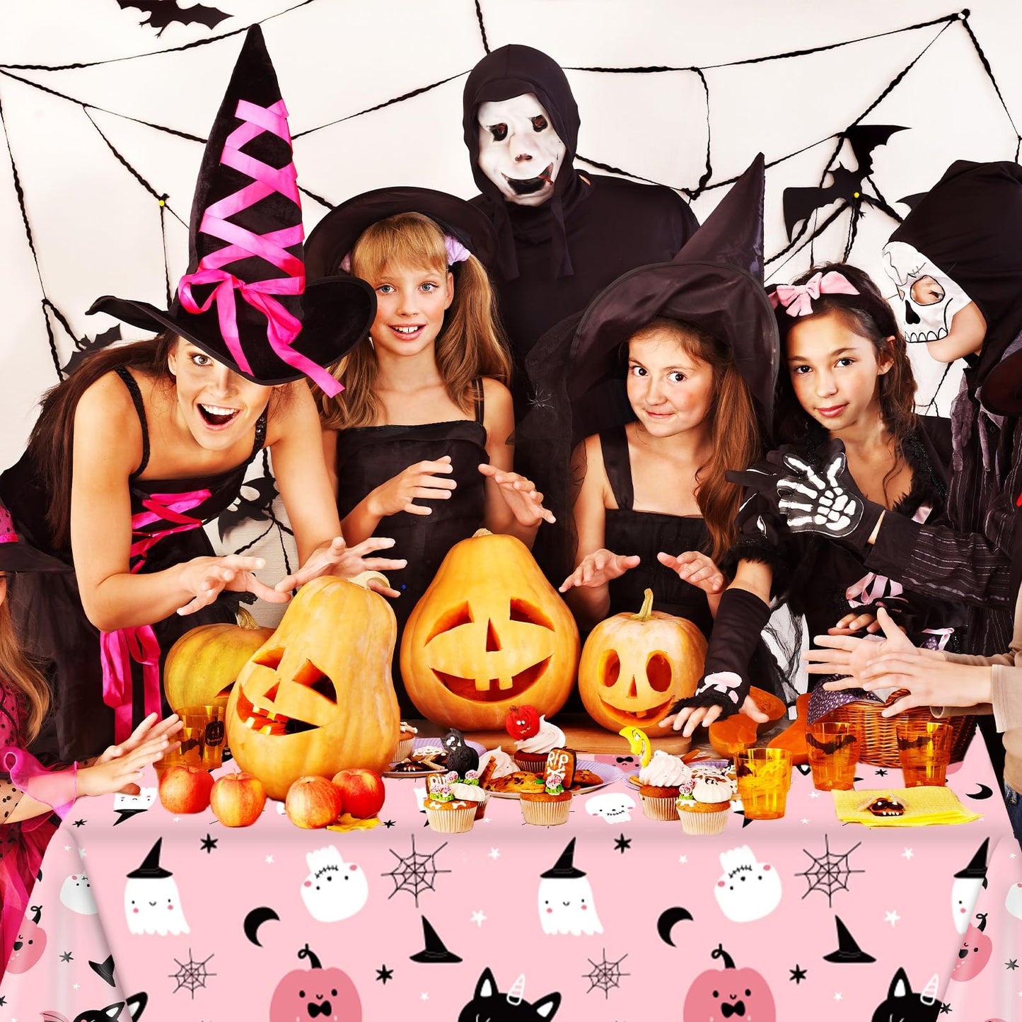 JarThenaAMCS 3Pcs Halloween Plastic Tablecloth Rectangle Pink Pumpkin Ghost Bat Table Cover Cute Disposable Table Cloth for Dinner Party Decor, 54 x 108 Inch