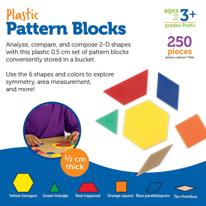 Learning Resources Plastic Pattern Blocks 250 Set - Classroom Must Haves, Math Teaching Tools, Homeschool Supplies, Math Manipulatives