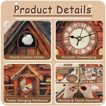 3D Puzzle for Adults Clock,Swiss Chalet Cuckoo Clock Model Kit-Mechanical DIY Pendulum Clock with Roman Numerals-Desk Home Office Decor Personalized Gifts for DIY Lover