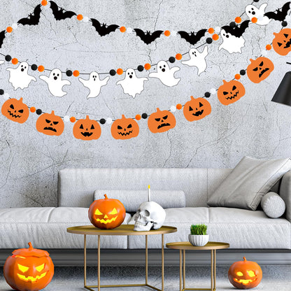 Doumeny 3Pcs Halloween Felt Garland Ghost Bat Felt Bunting Banner Pumpkin Pompom Ball Bunting Flag Black Orange White Ball Garland Halloween Hanging Banner for Party Fireplace Home Wall Decor