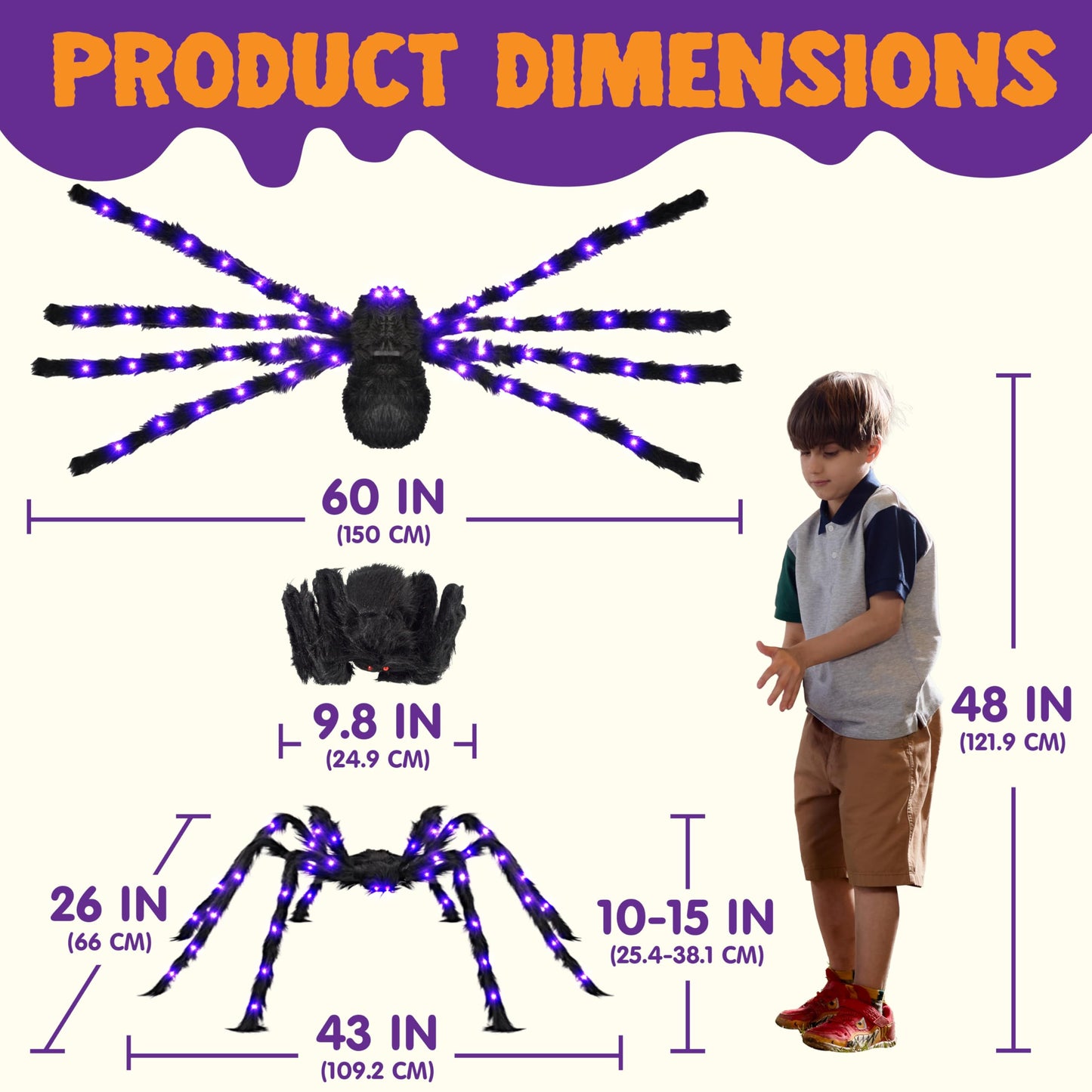 JOYIN 2 Pack 5 Ft Halloween Light Up Spiders Outdoor Decorations, Scary Giant Spider with Purple LED, Fake Large Haunted House Props, for Halloween Lawn Porch Yard Garden Tree Outside Indoor Decor