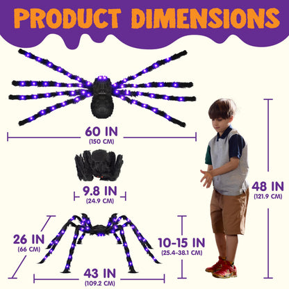 JOYIN 2 Pack 5 Ft Halloween Light Up Spiders Outdoor Decorations, Scary Giant Spider with Purple LED, Fake Large Haunted House Props, for Halloween Lawn Porch Yard Garden Tree Outside Indoor Decor