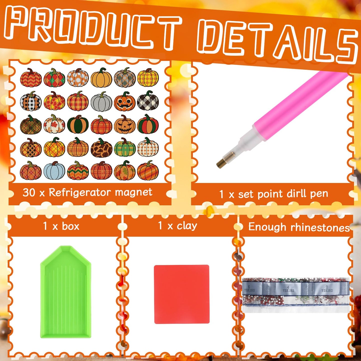 Motipuns 30 Pcs Halloween Pumpkin Diamond Painting Magnets Kits Fall Thanksgiving Diamond Art Fridge Magnet Refrigerator Sticker Painting for Beginners Adults DIY Art Craft Gifts Home Halloween Decors