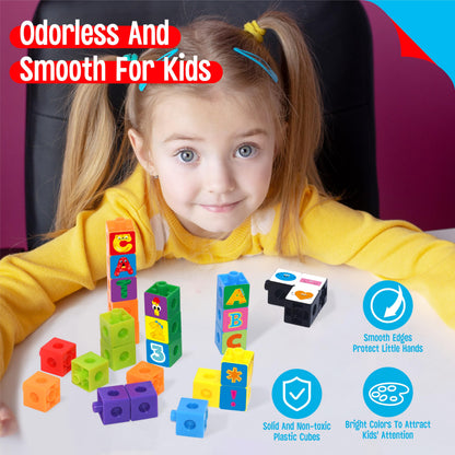 100 Math Linking Cubes, Math Cubes with 384 Reusable Stickers-Letters, Numbers, Shapes, Manipulative Geometric Connecting and Counting Blocks, Educational Toy for Kids Math Learning and Fun Activities