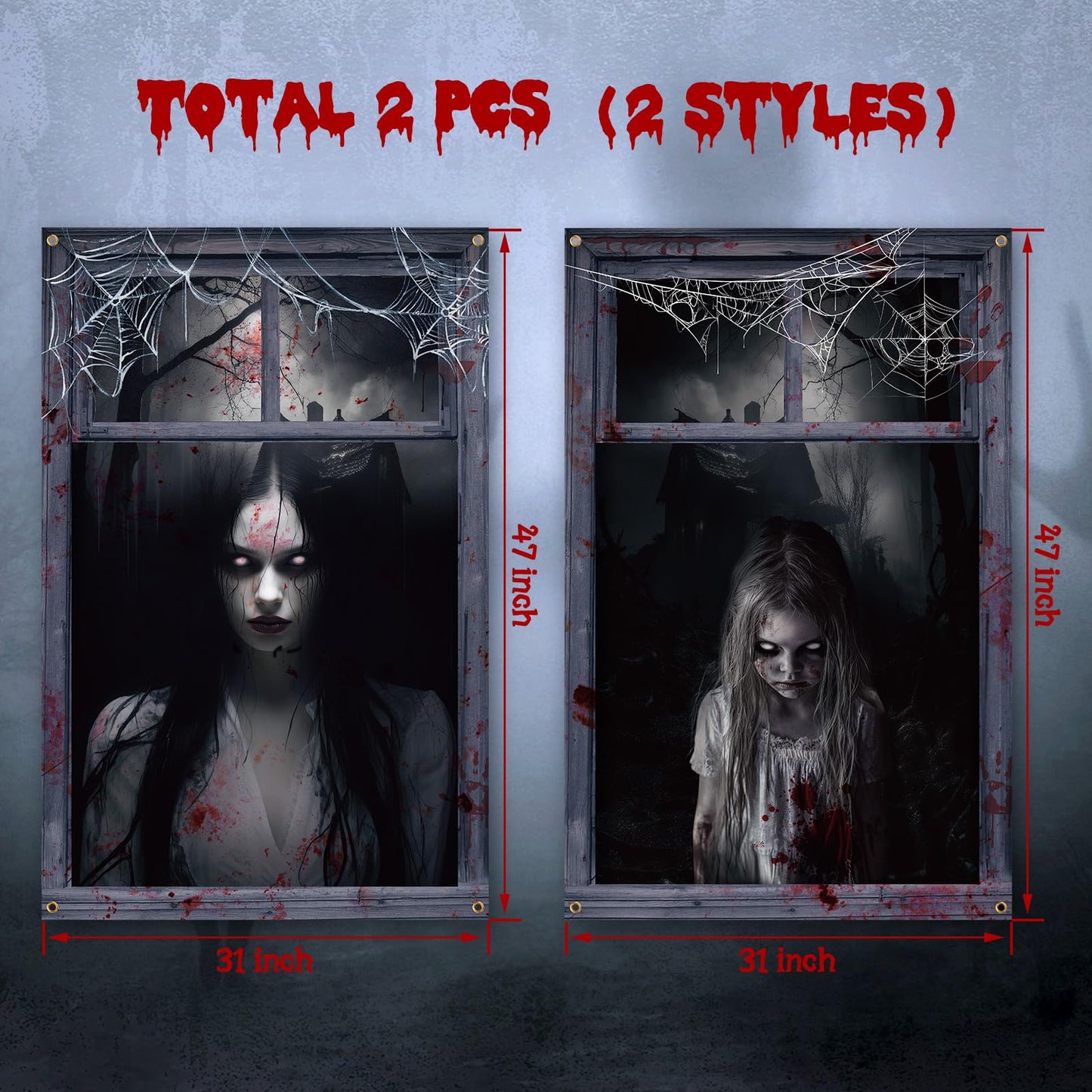 Newwiee 2 Pcs Scary Halloween Curtain Window Silhouette Cover Decoration Theme Poster for Indoor Outdoor Party Wall Door(Female Ghost)