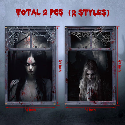 Newwiee 2 Pcs Scary Halloween Curtain Window Silhouette Cover Decoration Theme Poster for Indoor Outdoor Party Wall Door(Female Ghost)