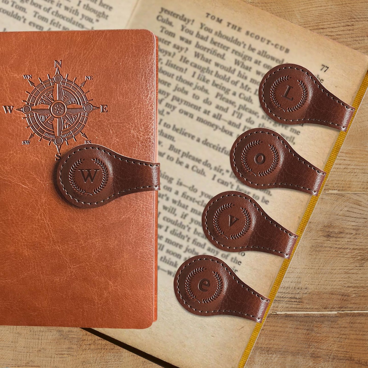Leather Magnetic Bookmarks, 3D Embossed Alphabet Initial Letter Bookmark, Cute Page Markers for Books, Journals, Planners, Bible, Small Reading Gifts for Women Men, Teachers, Students (Dark Brown W)