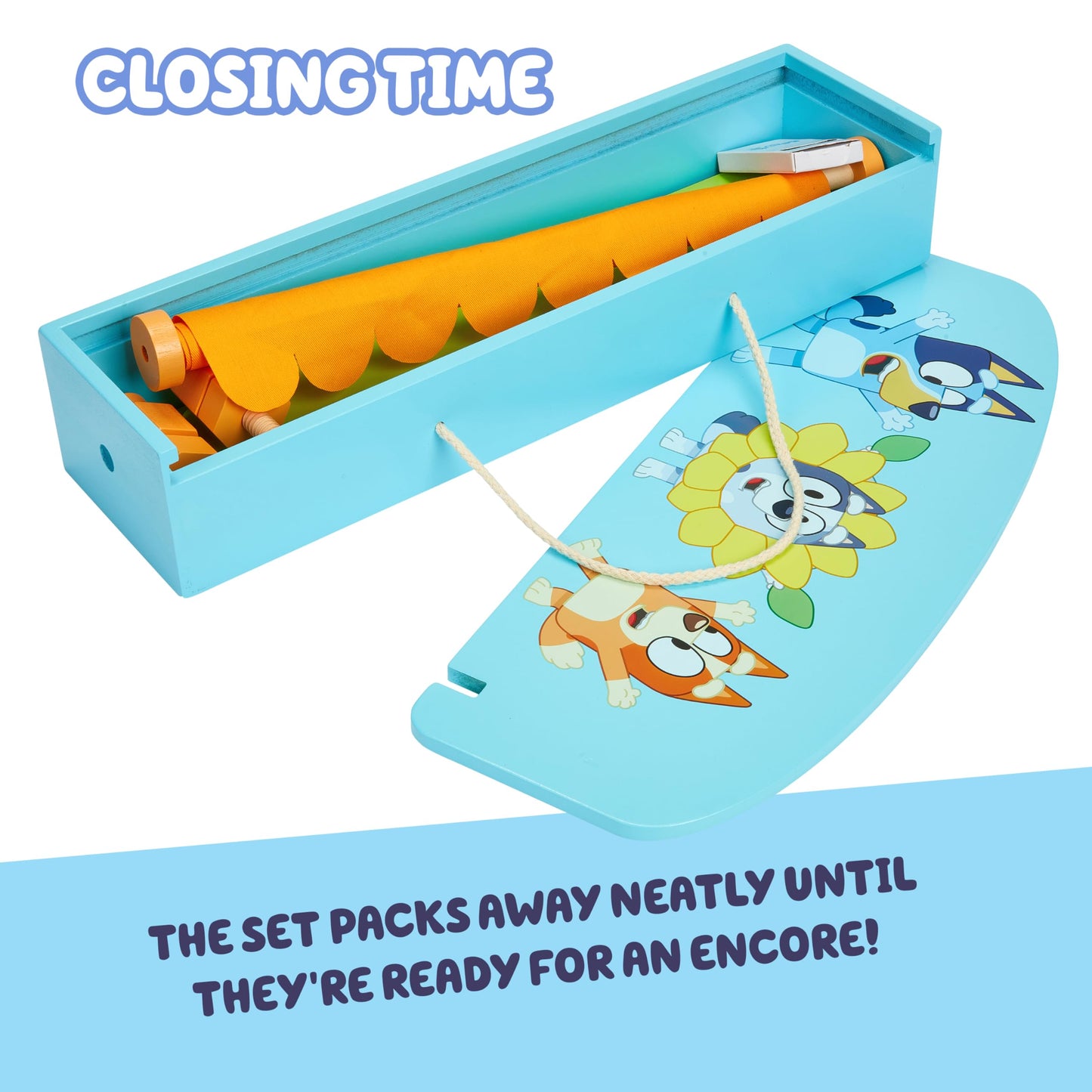 Bluey Wooden Puppet Theater for Kids Playset, 20" Kids Pretend Stage Puppets, Interchangeable Fabric Backdrops & Roll-Down Curtain