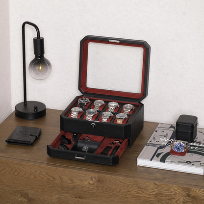 ROTHWELL 8 Slot Leather Watch Box with Valet Drawer - Luxury Case Display Jewelry Organizer, Locking Display Case Holder, Real Glass Top - Watch Box Organizer for Men & Women (Black/Red)