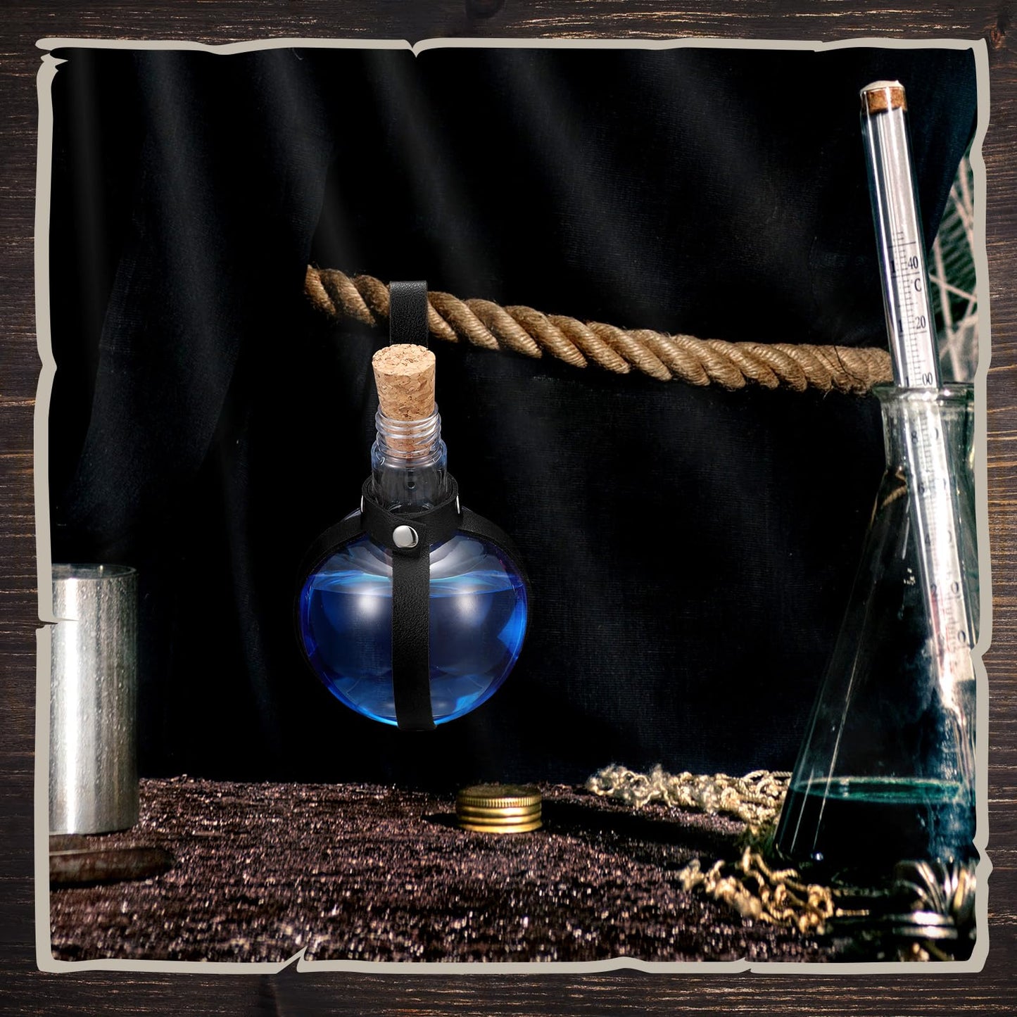 Baderke 3 Set 8 oz Plastic Potion Bottle with Cork Stopper Cosplay Accessories with Leather Belt Witch Cosplay Props Decorative Round Spherical Bottles for Halloween Party Decorations (Black)