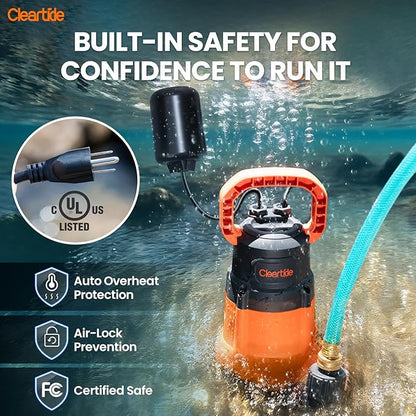 Cleartide Submersible Water Utility Pump with Float Switch, 8160 LPH High Flow,100% Copper Motor, Ideal for Yard and Flooded Cellar, Hot Tub, Garden Irrigation,10 FT Cord