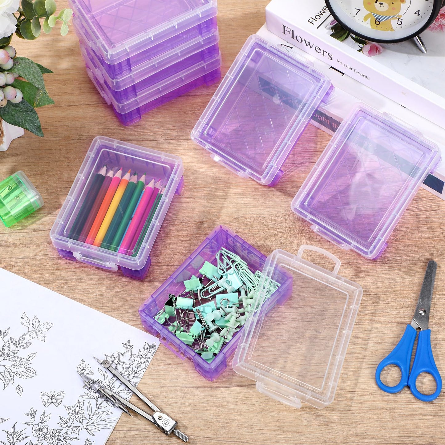 Suzile 25 Pcs Plastic Crayon Boxes with Snap Lids Crayon Storage Organizer Stackable Container Bulk Pencil Case for Pen Crafts Classroom Supplies(Purple)