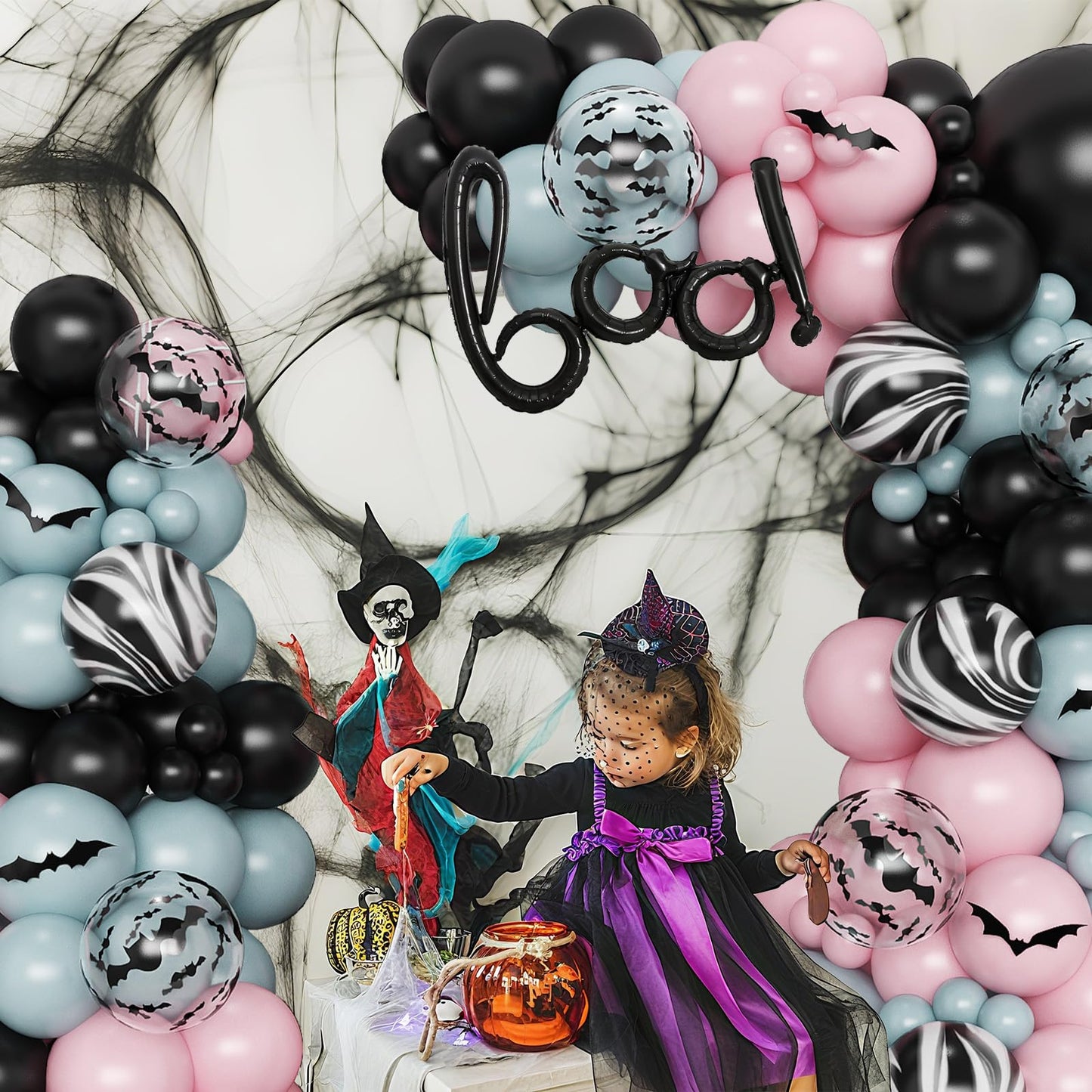 Froova Halloween Balloons Arch Dusty Pink Blue Balloon Garland Kit Boo Foil Balloons with 3D Bat Stickers for Boy or Girl Gender Reveal Night Pink Ghost Spooky One Baby Shower Birthday Party Decor