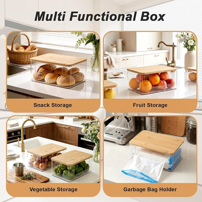 2 Pack Trash Bag Holder, Stackable Garbage Bag Dispenser with Lid | Clear Plastic Organizer with Bamboo Lid, Space-Saving Under Sink Storage for Kitchen, Laundry Room, Pantry & Cabinet