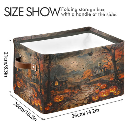 Wamika Halloween Castle Storage Basket with Waterproof Liner and PU Handles Spooky Pumpkin Lantern Storage Bins Boxes 14.2" Collapsible Decorative Organizer Baskets for Bedroom Closet Office 1 Pack