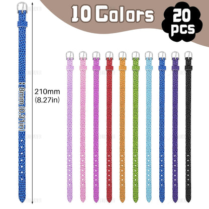 AUEAR, 20 Pack 8mm Wristbands Bracelets for Slide Letters Mix Colors Jewelry Making DIY Craft 10 (Leather Slide)