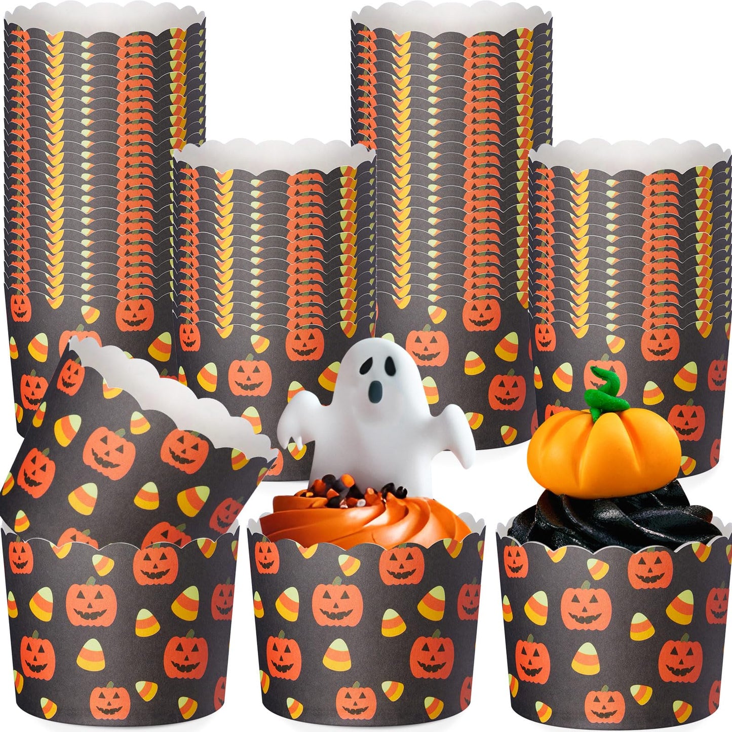 Funnymoom 100 Pcs Halloween Pumpkin Paper Baking Cups Black Orange Cupcake Liners Wrappers Decorative Cupcake Holders for Halloween Birthday Party Supply