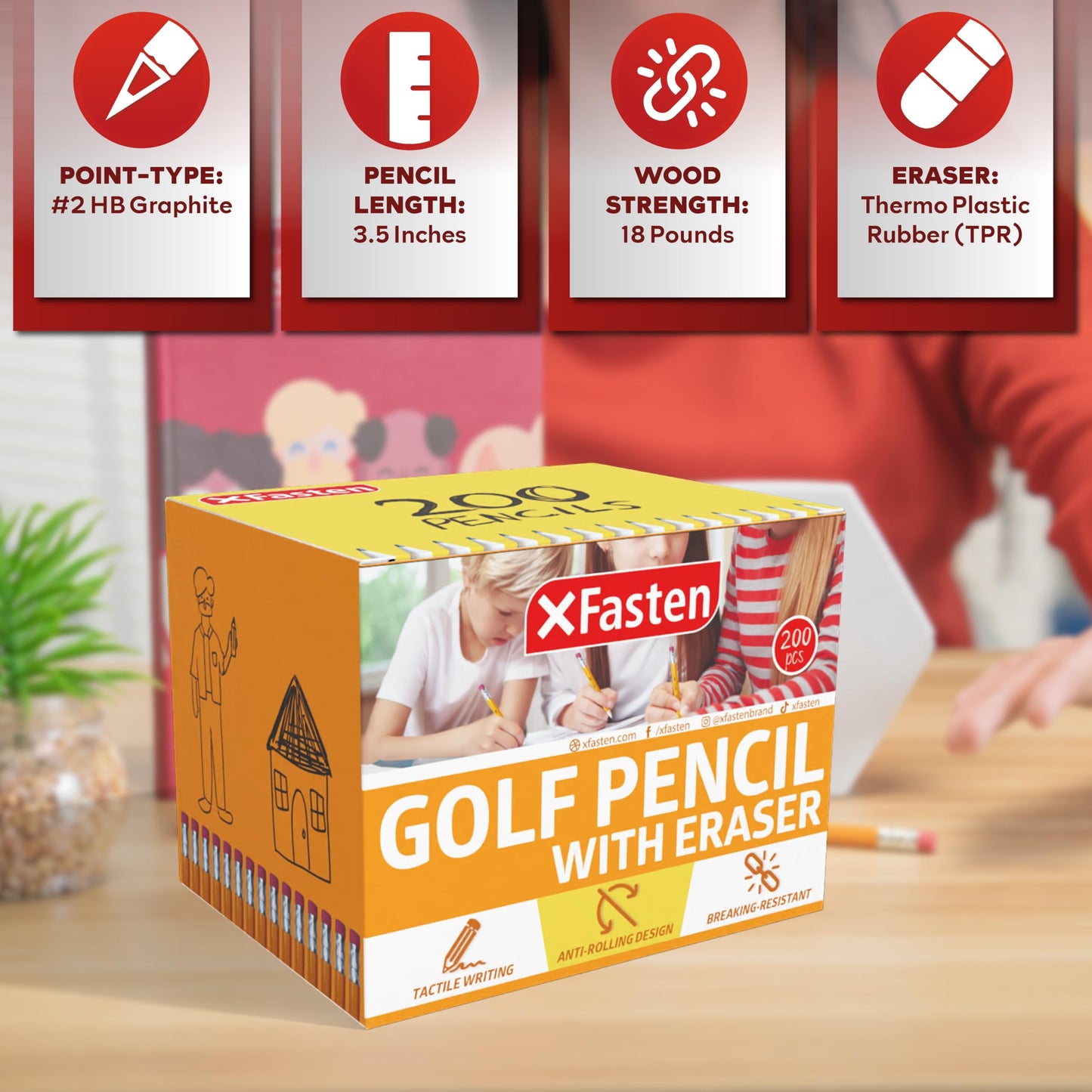 XFasten Golf Pencils with Erasers Bulk, 200-Pack 3.5" #2 HB Pre-Sharpened Easy-to-Grip Half Mini Golf Pencils for Kids, Adults, and School Supplies - Hexagonal, Smooth Writing, and Non-Smudging