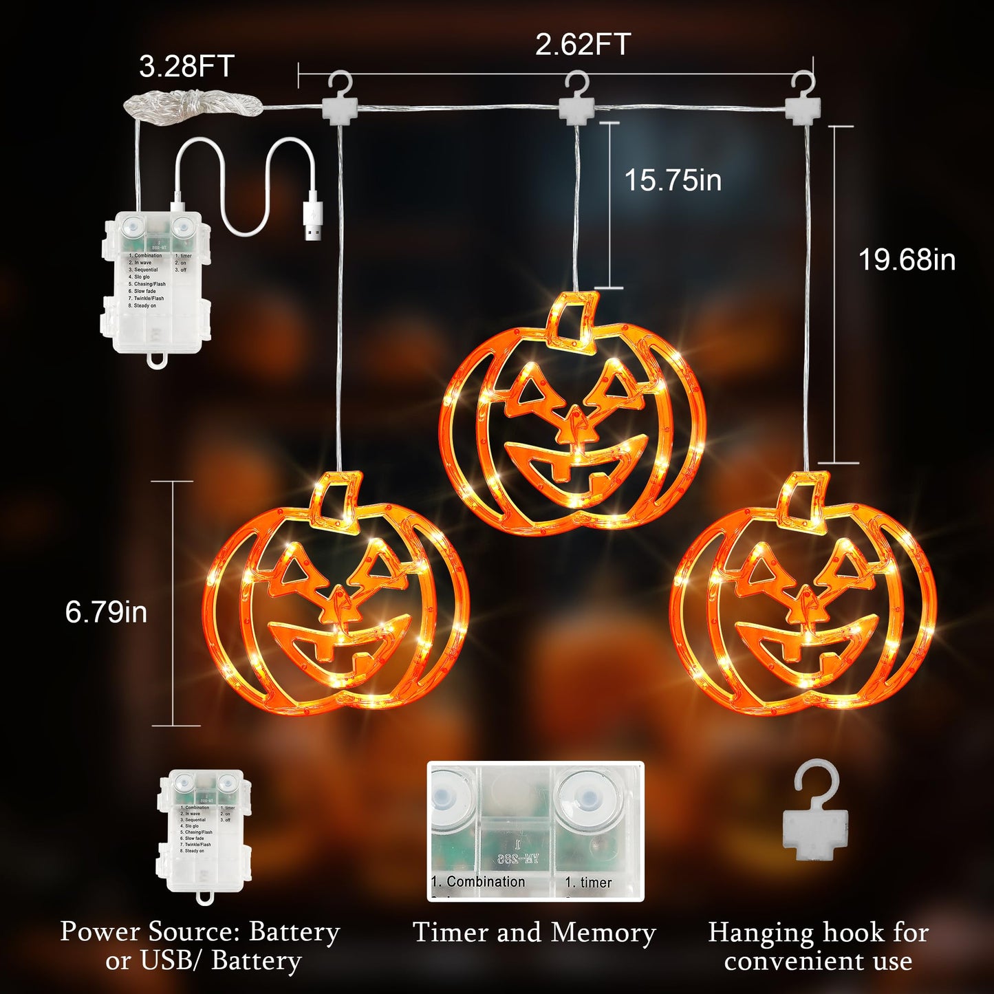 Qunlight Halloween Window Lights,3 Pack 48LED Pumpkin String Light with Battery Operated,Timer Memory Hanging Orange Halloween Light for Spooky Decor Outdoor Indoor Curtain Home Party Gift