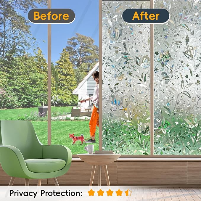 Rainbow Window Privacy Film Decorative, Stained Glass Tint for Home, 3D Decals Clings for Glass, Static Cling Sticker, Suncatcher Cover,45.2" by 78.74"