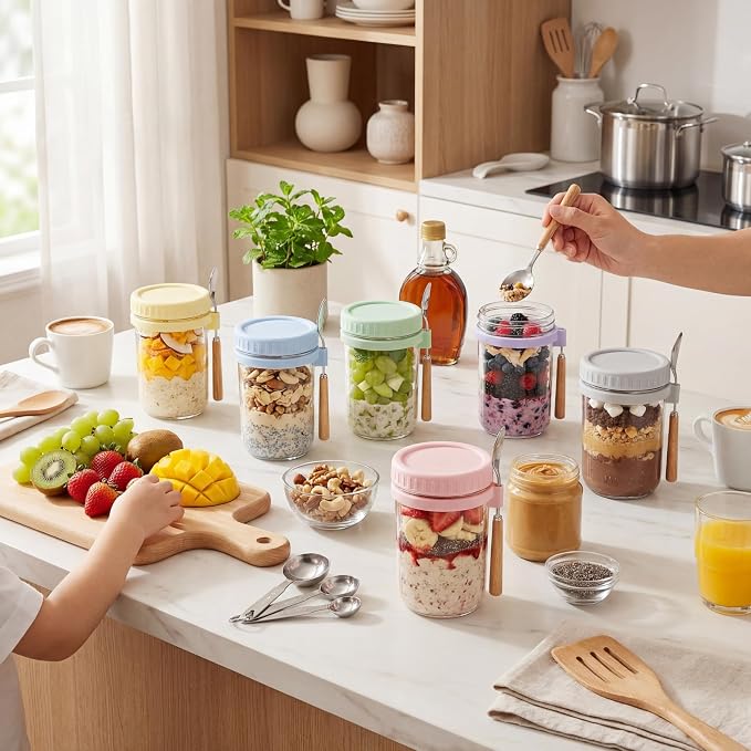 HomArtist Glass Overnight Oats Containers with Lids and Spoon, 16oz Wide Mouth Mason Jars for Overnight Oats, Cereal, Yogurt, Salad Lunch Container with Measurement Marks - Pink 4 Pack