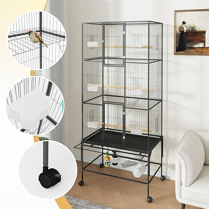 69" H Large Bird Cage, Bird Cage with 3-Tier Platforms, Ladders, Perches, Feeder, Wide Birdcage for Parakeets, Conures, Lovebirds, Quaker, Cockatiels, Budgie, Black