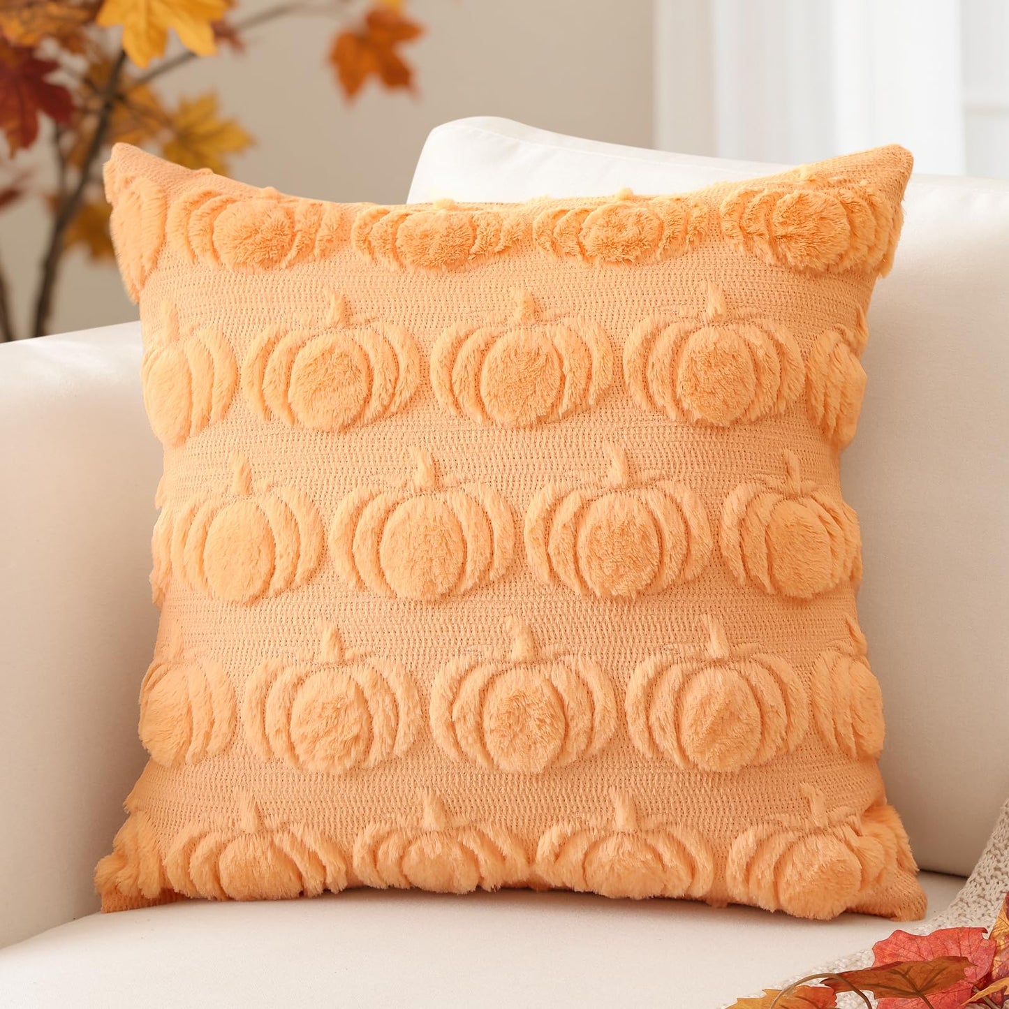 Artscope Fall Pillow Covers 18 x 18 Set of 2 Decorative Autumn Harvest Holiday Pumpkin Throw Pillow Cases Soft Plush Faux Fur Couch Cushion Case for Farmhouse Halloween Sofa Bed Room Decor-Light Gold