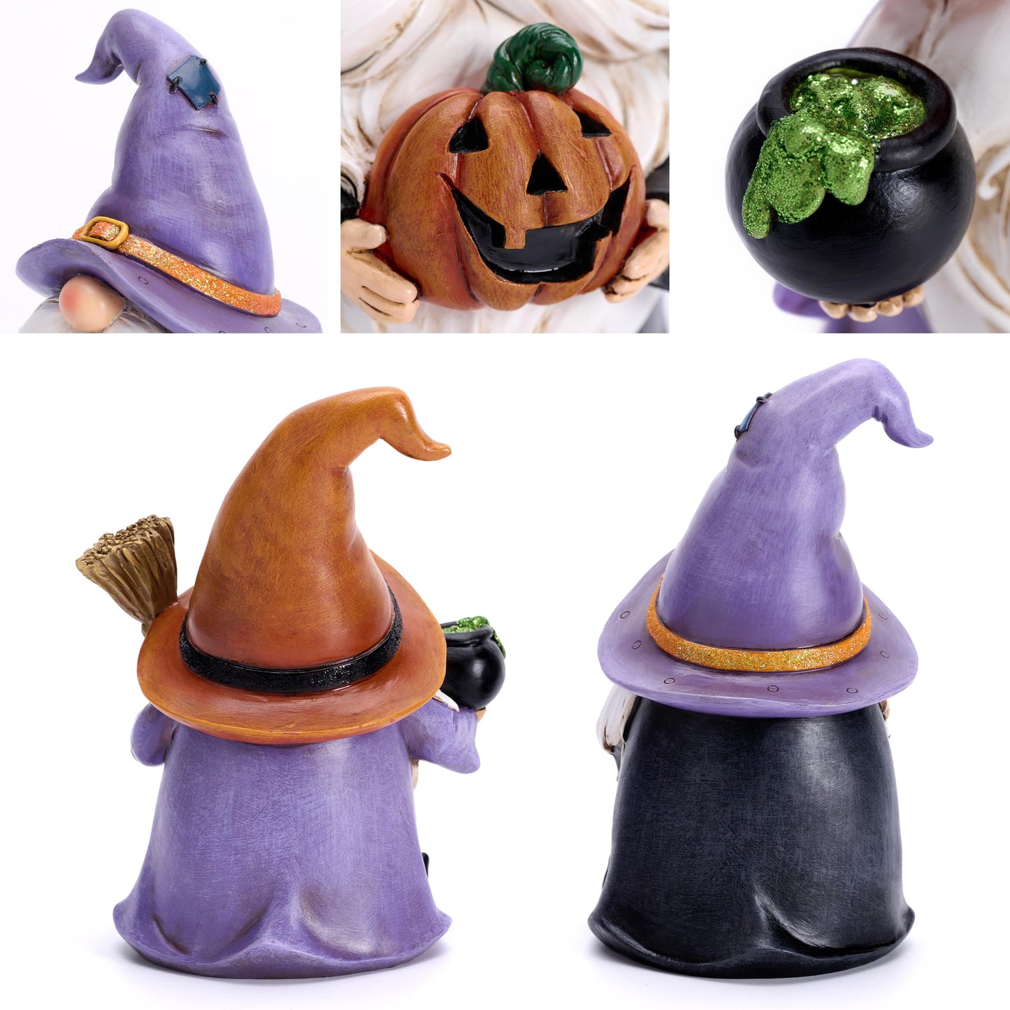 Valery Madelyn Gnomes Halloween Decorations Indoor, 2 Pcs Resin Gnome Decor for Home with Witch Hat Broom Jack O Lantern Moon, Halloween Figurines Elf Dwarf for Table Tiered Tray Outdoor, 6.3"
