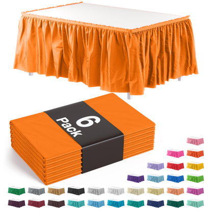 Exquisite Orange Table Skirt 6 Pack - Disposable Plastic Table Skirts for Rectangle Tables 6ft 8ft & Round Tables - 29in x 14ft Self-Adhesive Strip - Birthday Wedding Gender Reveal Decor