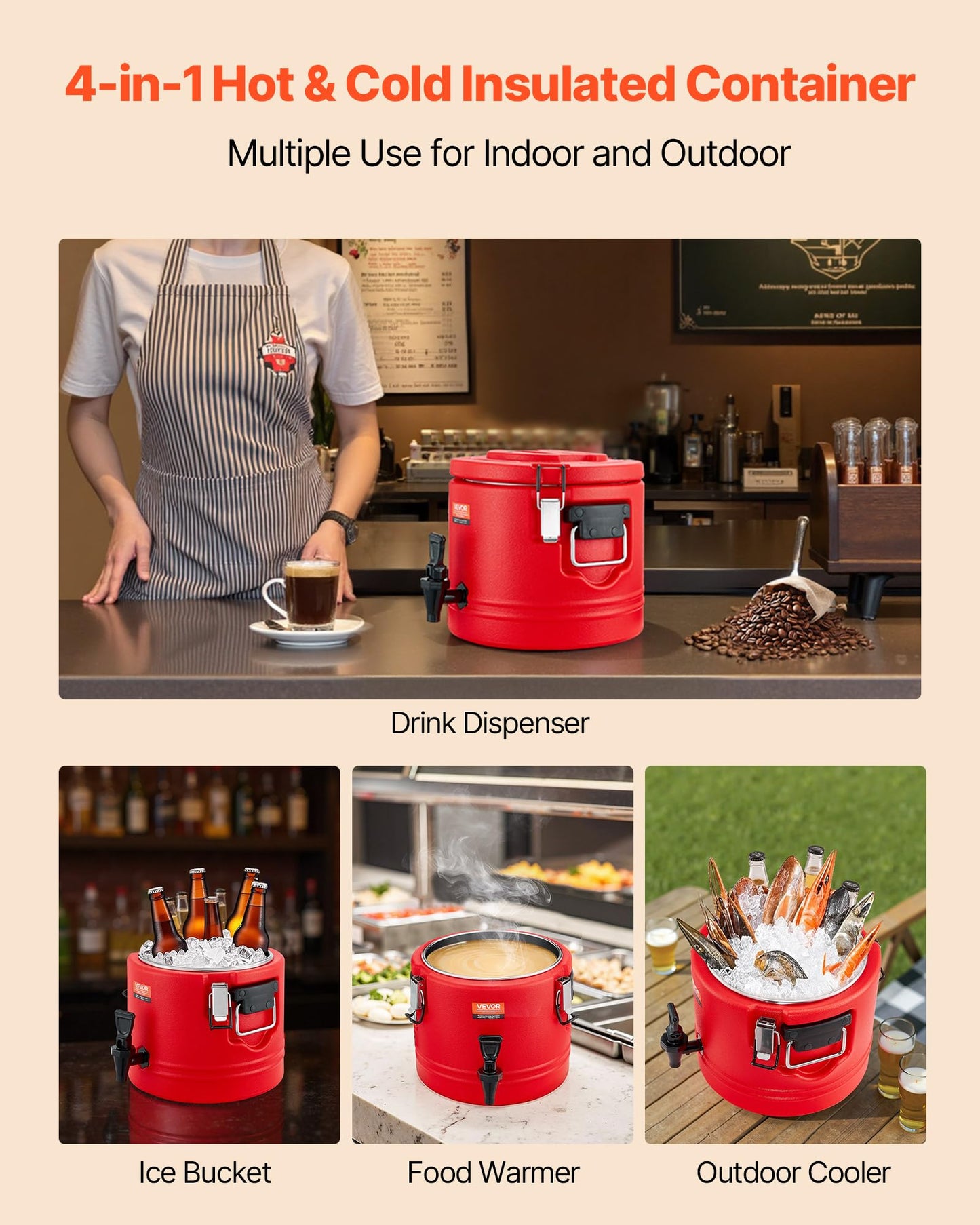 VEVOR Insulated Beverage Dispenser, 2.2 Gal/8L Thermal Hot and Cold Drink Server Dispenser with Spigot, Food-Grade Cooler Jug with 304 Stainless Steel Interior, for Tea Coffee Restaurant Outdoor