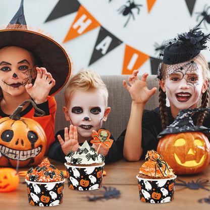 JarThenaAMCS 50Pcs Halloween Treat Snack Cups 8oz Pumpkin Ghost Ice Cream Bowl Spooky Disposable Paper Bowls for Hot Cold Food Halloween Decorations