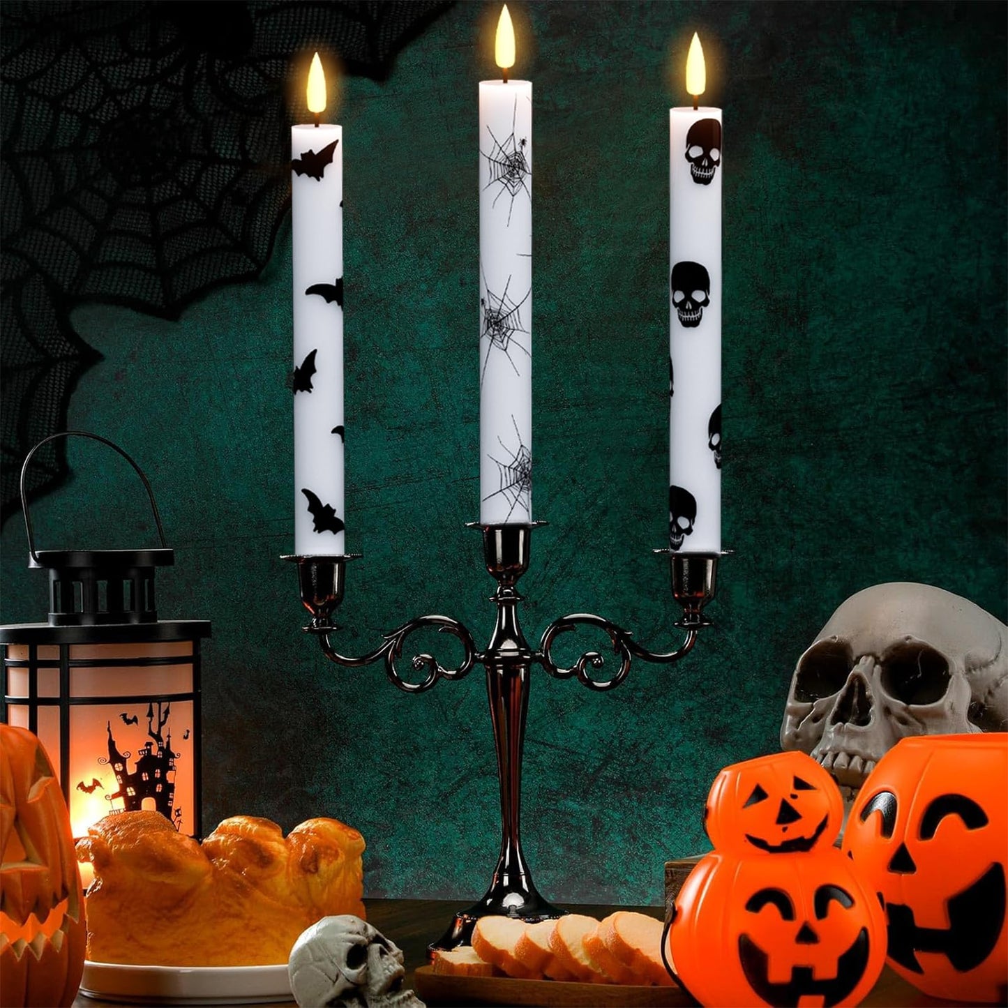 Eldnacele Halloween Flameless Taper Candles Battery Operated with Remote Timer, Set of 6 White Real Wax 3D Wick Flickering LED Taper Candles Spooky Halloween Indoor Decor(0.75" D x 9.65" H)