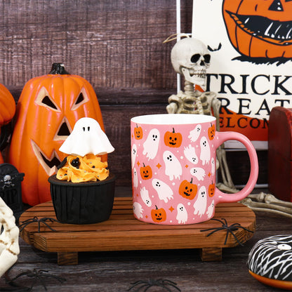 Whaline Halloween Mug Ghost Pumpkin Coffee Mug Pink White Orange Ceramic Drinking Cup for Halloween Party Supplies Table Centerpieces, 12oz