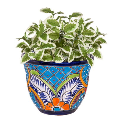 Evergreen 7 inch Talavera Mexican Pottery Ceramic Green Detailed Baul, Set of 2, Flower Pot Plant Succulent, Indoor Outdoor
