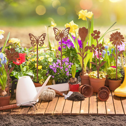 Otoolling 10 Pcs Rusty Metal Flowers and Plants, Rusty Rustic Metal Flowers Signs for Outside Yard Art Gift for Yard Decorative Garden Stakes Potted Plants Walkway and Garden