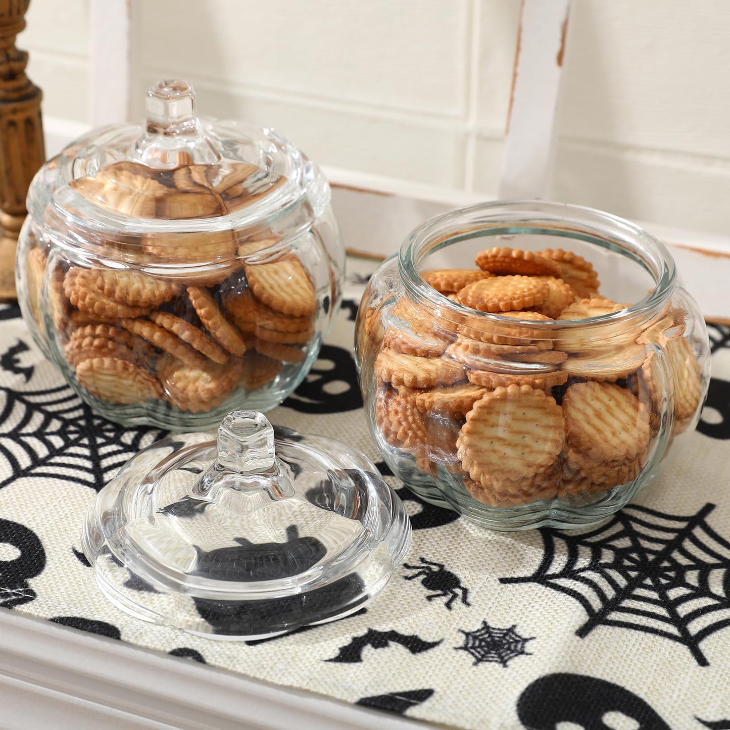 FunouHome Halloween Decorations-2 PCS Glass Pumpkin Jars with Lid-Halloween Candy Storage for Home Fall Thanksgiving Halloween Party Centerpieces Decor