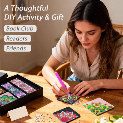 8 PC Diamond Art Corner Bookmarks Leather Bookmark Kit for Adults Paint by Dots Bookmarkers Craft DIY Gem Small Dotz Gifts for Mom, Christmas Gifts for Women, Mandala Flower Black Lotus