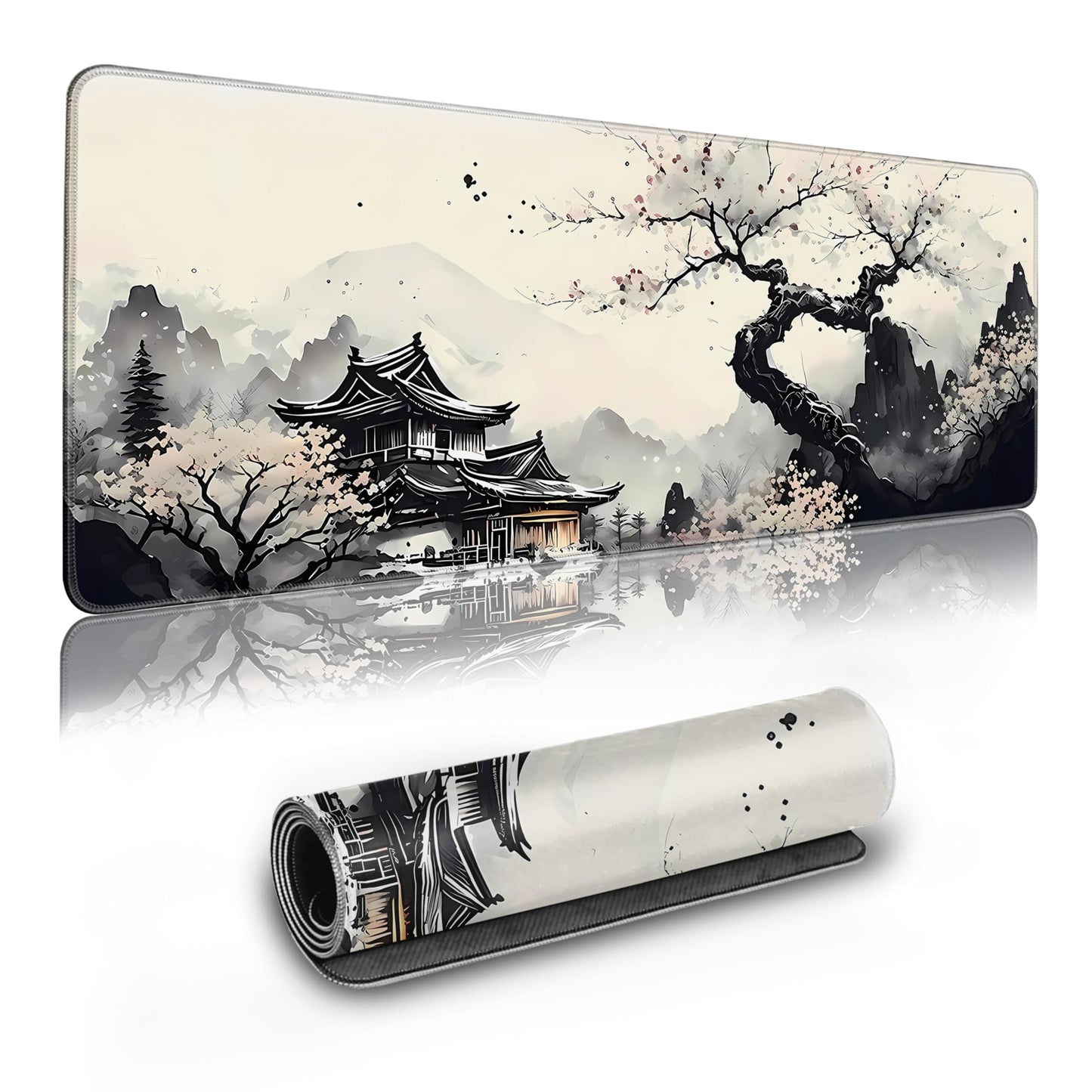 Extended Gaming Mouse Pad Anime Large Desk Pad with Non-Slip Base Full Keyboard Mat with Stitched Edges for Gaming and Office 31.5 x 11.8 inches (Wash Painting)