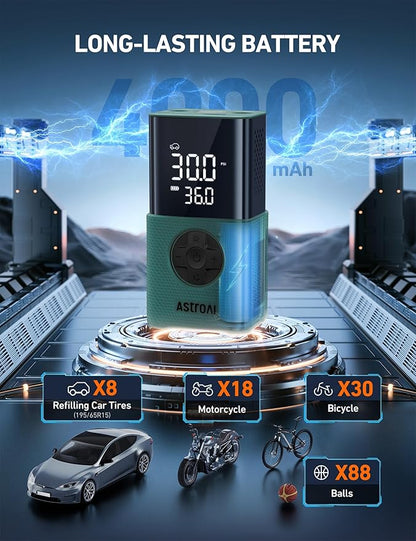 AstroAI Tire Inflator L7S Portable Air Compressor Cordless Bike Pump with Digital Dual Values Display, 150 PSI Car Tires Pump with LED Lights Air Pump for Cars, Motorcycles, Bikes, Balls Geen