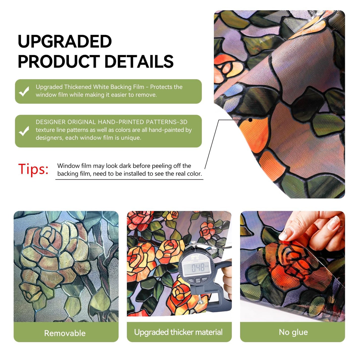 ADD.HERES Stained Glass Window Film, 3D Decorative Window Privacy Film for Bathroom,Front Door,Home, Sun Blocking Heat Control,Static Cling, The Beast's Rose 17.3inch x 47.2inch