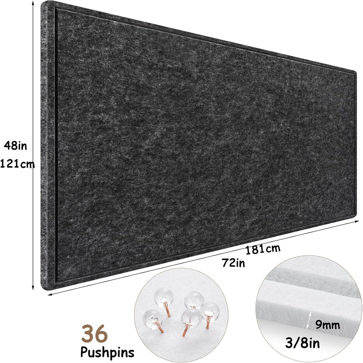 Large Bulletin Board, Foldable 72x48 Inches Cork Board Alternative, Large Felt Board Decorative Pin Board for Wall, Foldable Photo Board Self-Adhesive Vision Board with 36 Pushpins Dark Gray