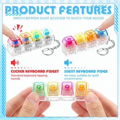 Halloscume 8 Pcs Silent and Click Keyboard Adult Fidget Clicker Toy 4-in-1 Keyboard Fidget Keychain Mechanical Key Button Clicker Stress Relief Gift for Office School Home (Transparent Color)