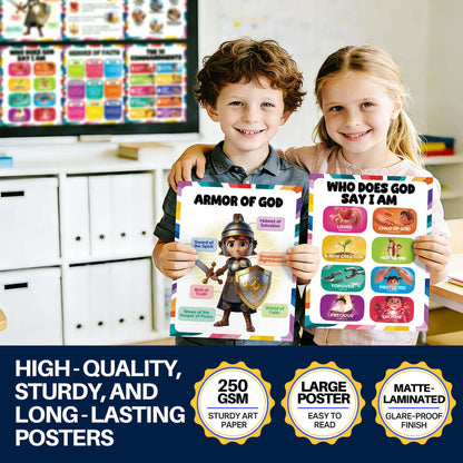 16pcs Bible Posters for Kids, 11x14in Sunday School Decorations for Classroom, Laminated Christian Wall Art with Glue Dots, Waterproof Books of the Bible Scripture Educational Prints for Homeschool