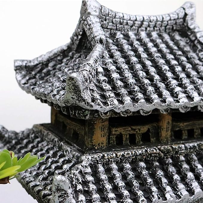 Classical Temple Aquarium Decorations Asian Castle Thematic Safe Resin Ornaments with Plastic Plants Small Fish House Hideout Decor Hiding Places for Freshwater and Saltwater Fish Tank Accessories
